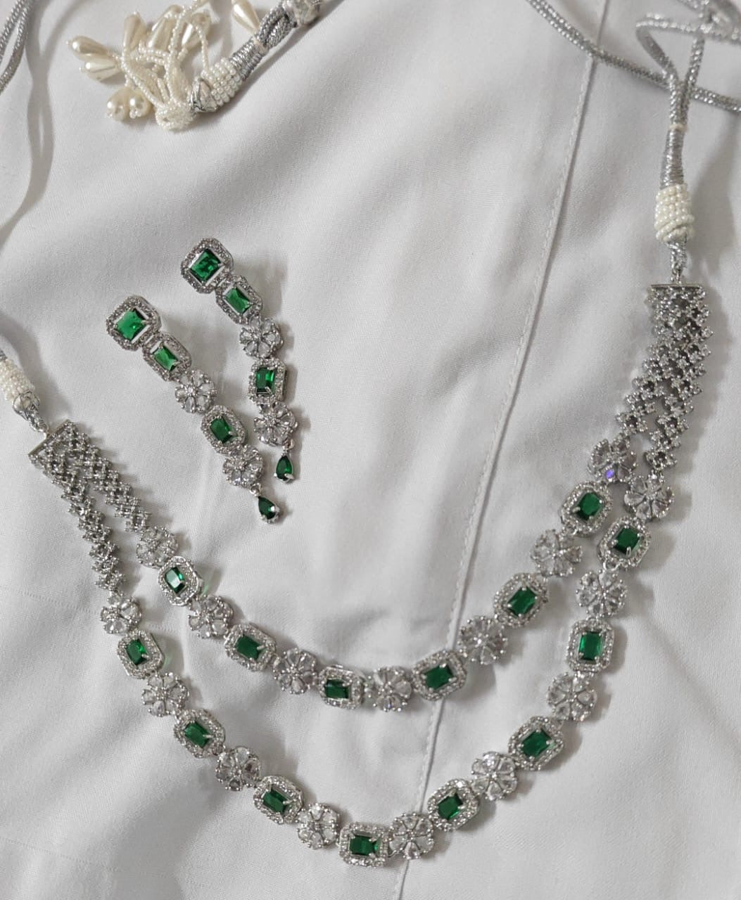 Sahira Emerald Green Double Layer American Diamond Necklace Set