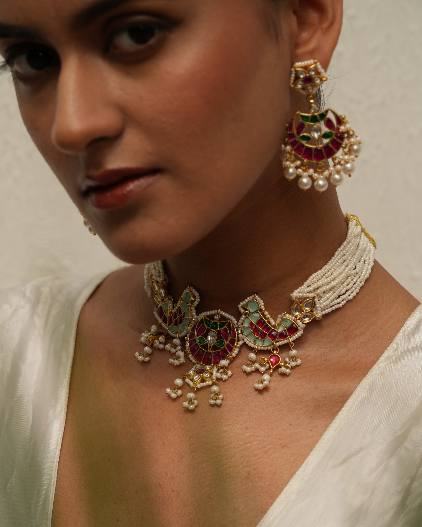 Ahilya Pink Green Bird Kundan Choker Set