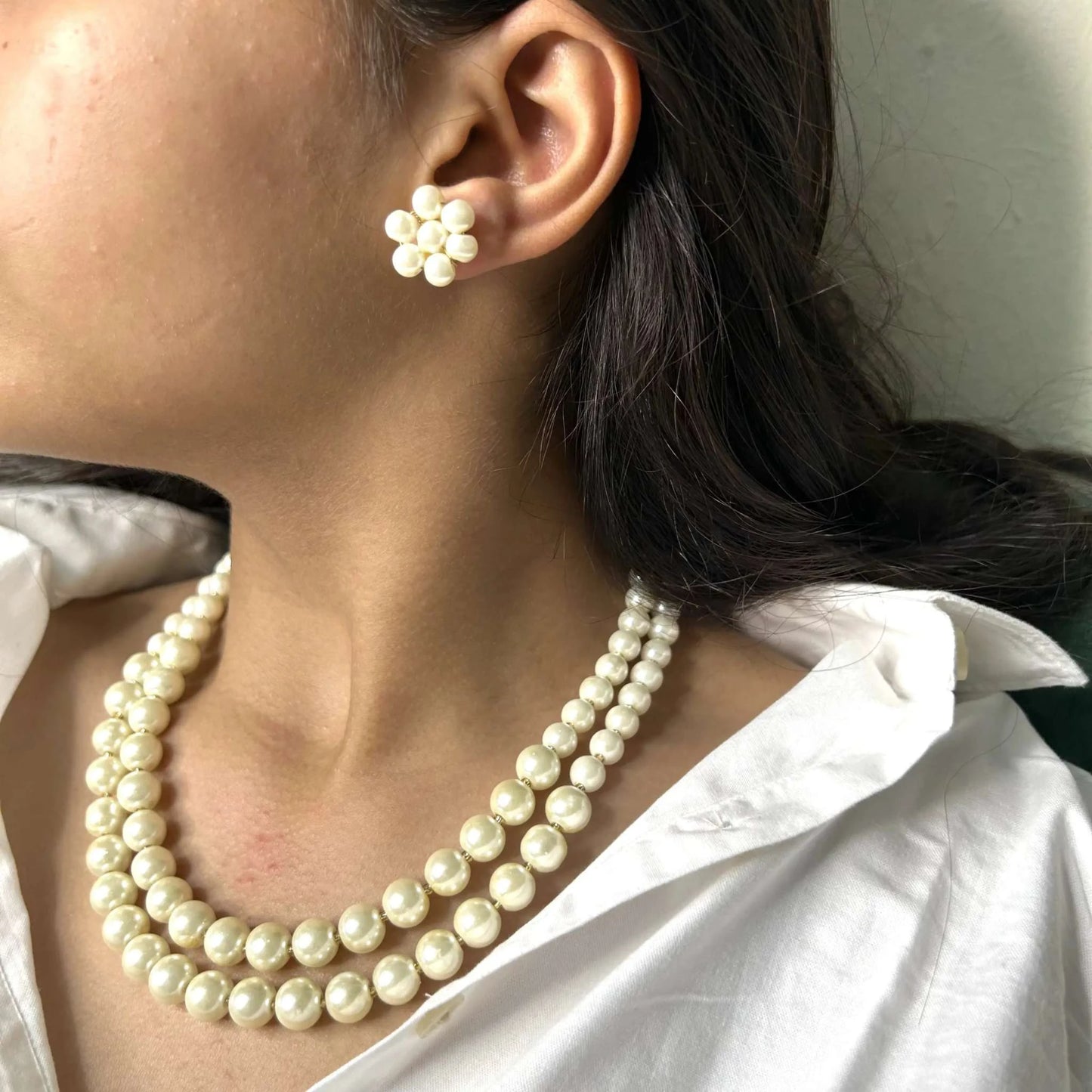 Double Layered Pearl Safeed Moti Mala with Phool Moti Earrings
