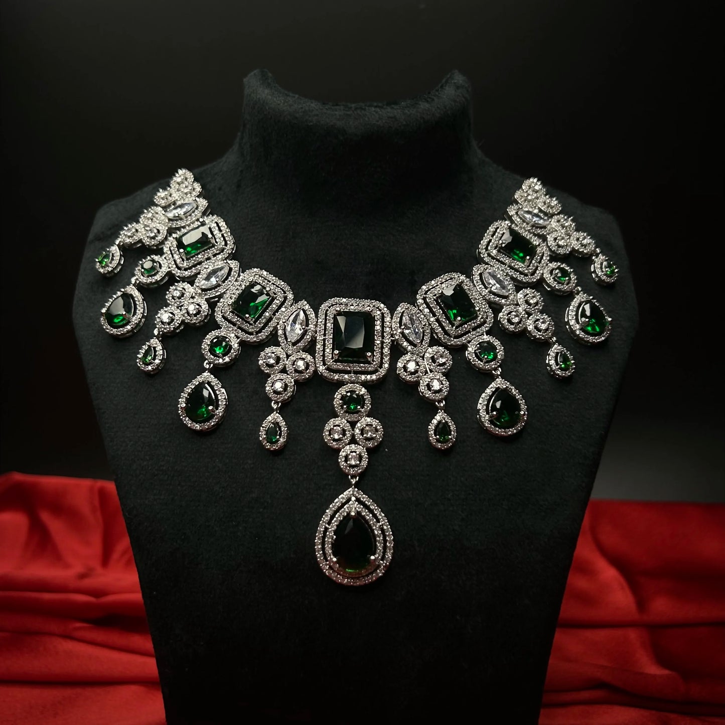 Tahira Emerald Green American Diamond Necklace Set with Maang Tikka
