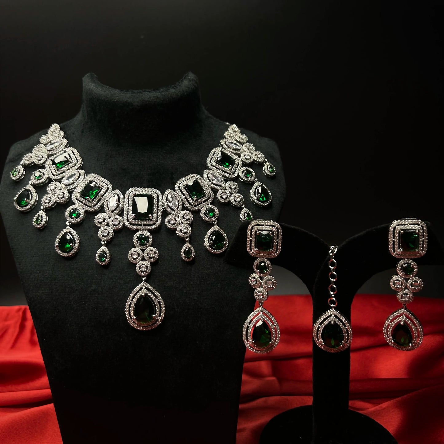 Tahira Emerald Green American Diamond Necklace Set with Maang Tikka