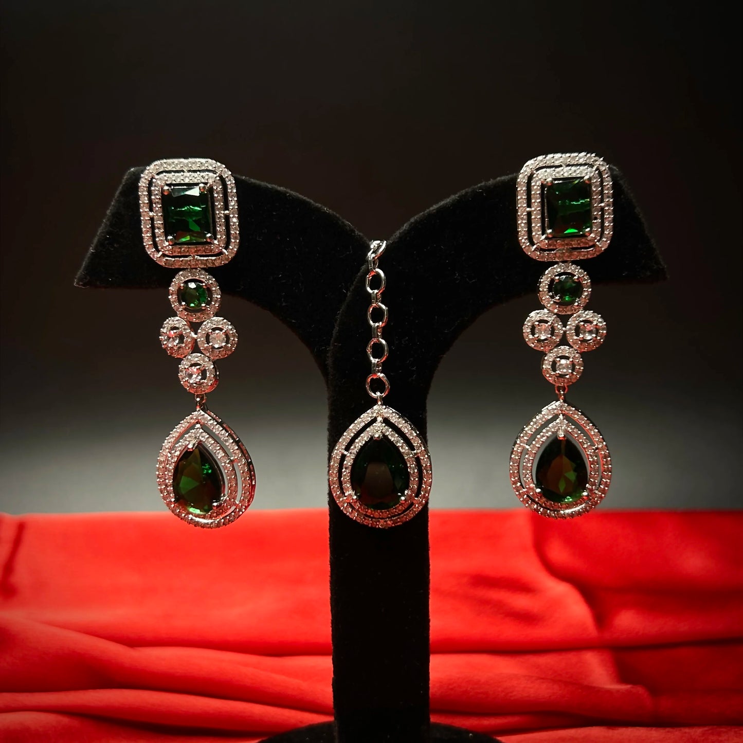 Tahira Emerald Green American Diamond Necklace Set with Maang Tikka
