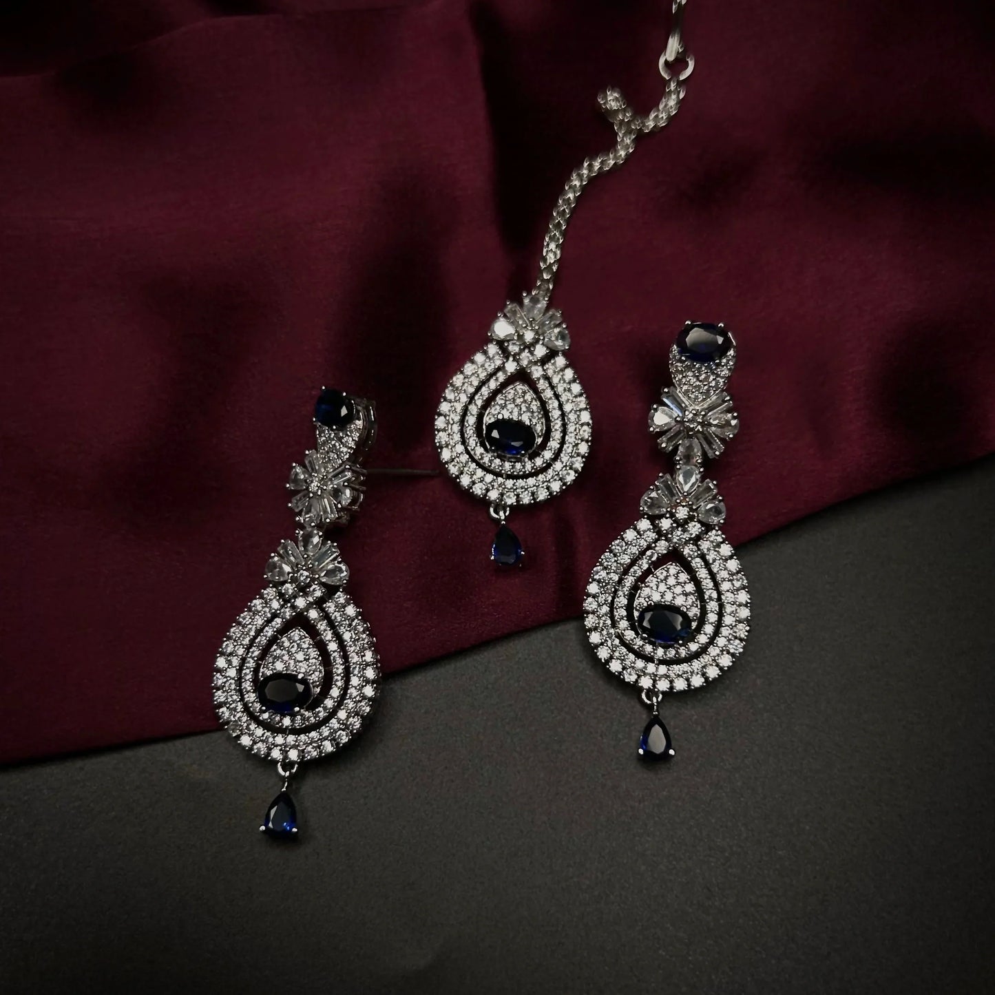 Ruhani Sapphire Blue American Diamond Necklace Set with Maang Tikka