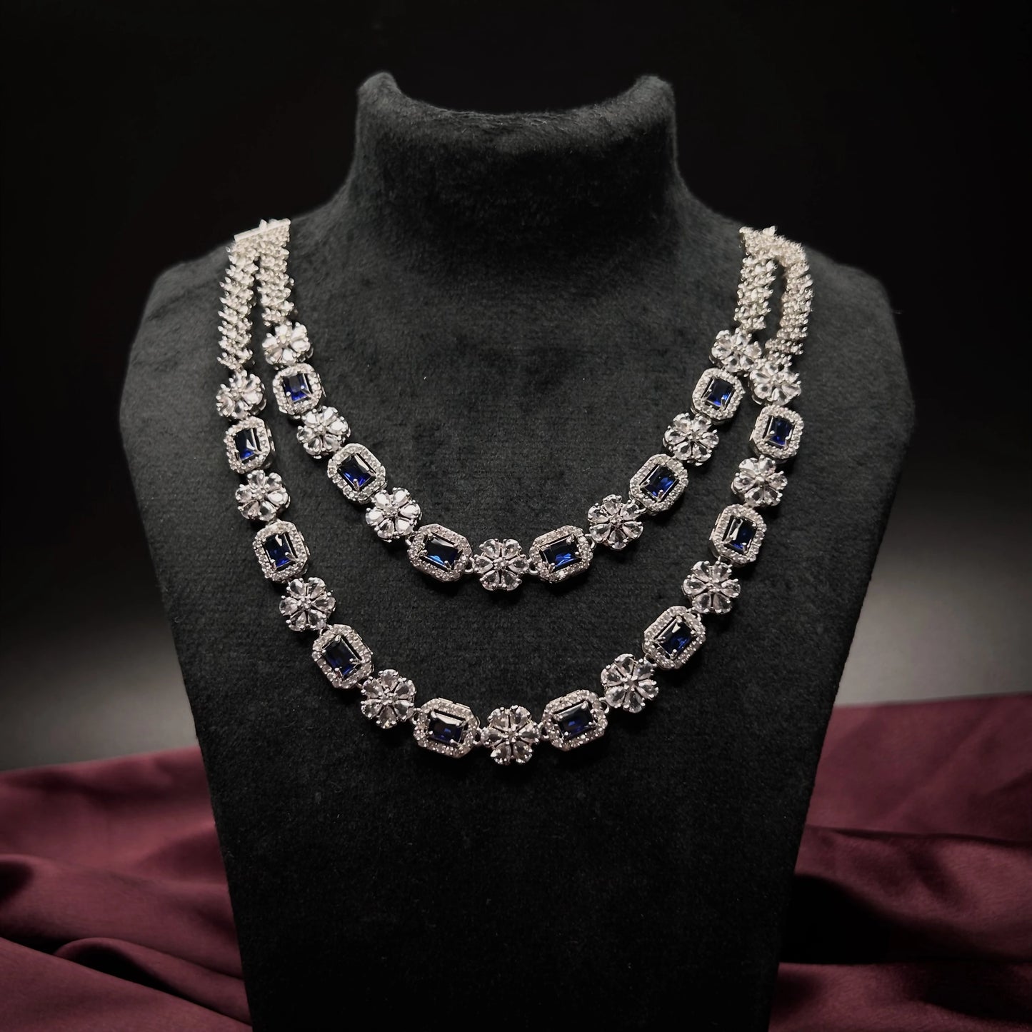 Sahira Sapphire Blue Double Layer American Diamond Necklace Set