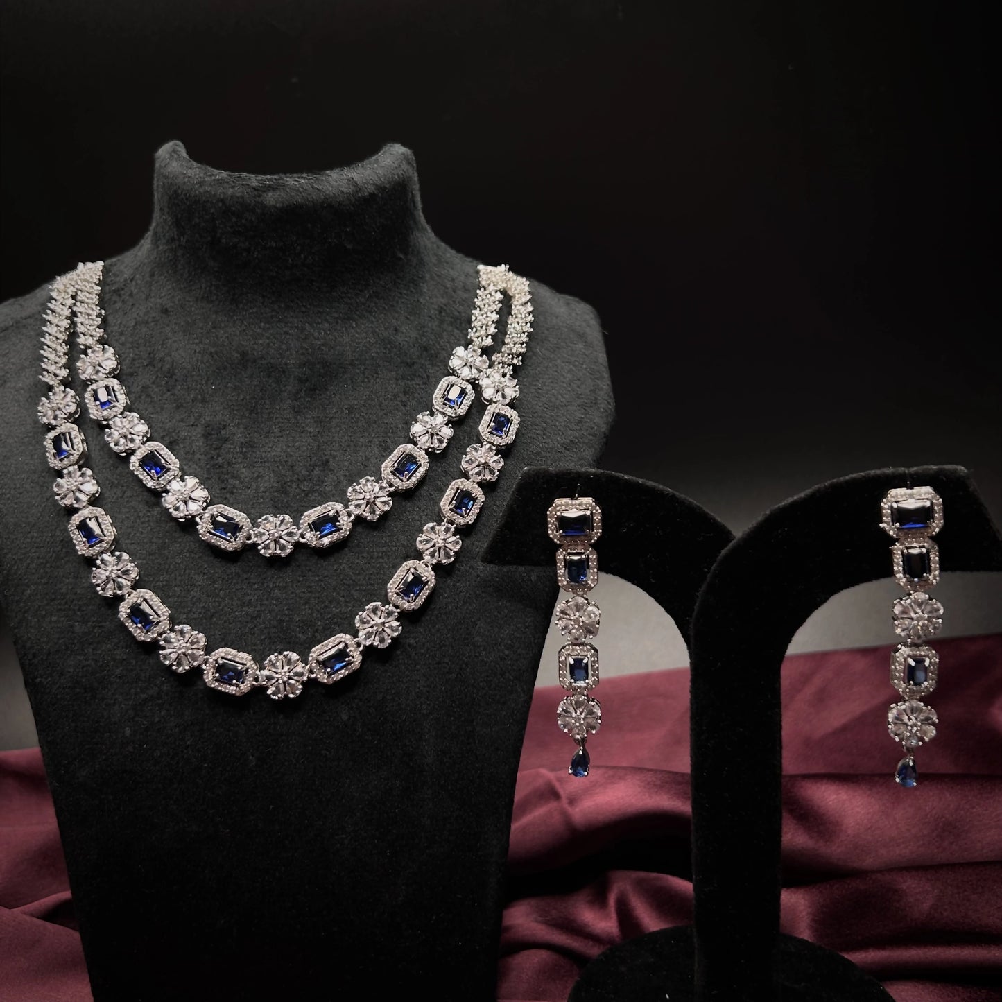 Sahira Sapphire Blue Double Layer American Diamond Necklace Set