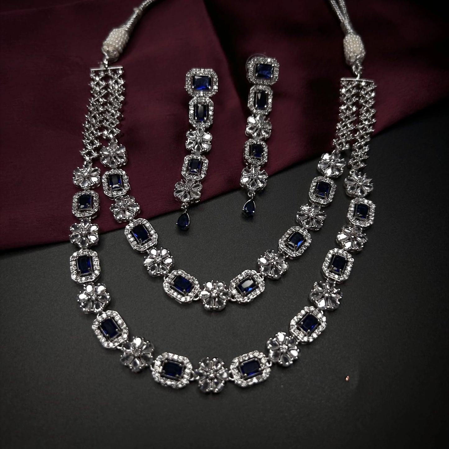 Sahira Sapphire Blue Double Layer American Diamond Necklace Set