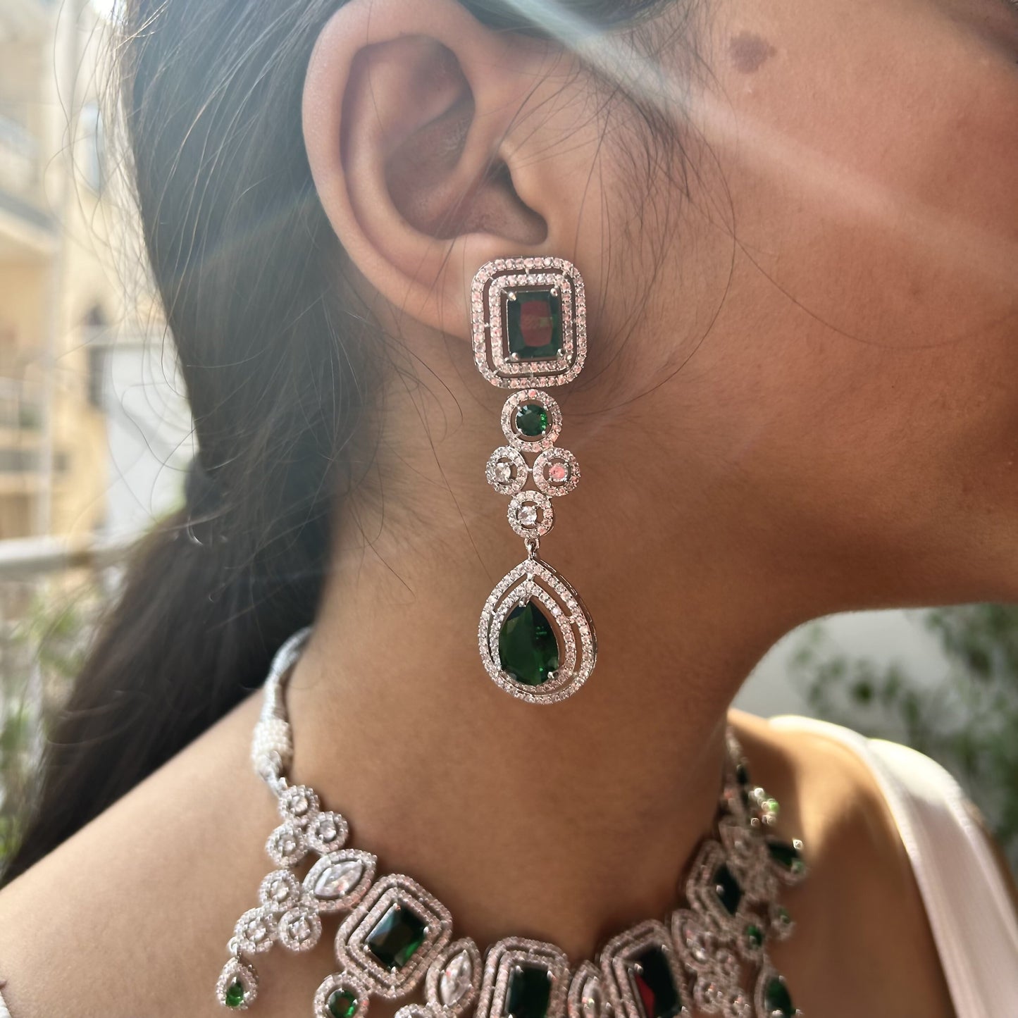 Tahira Emerald Green American Diamond Necklace Set with Maang Tikka
