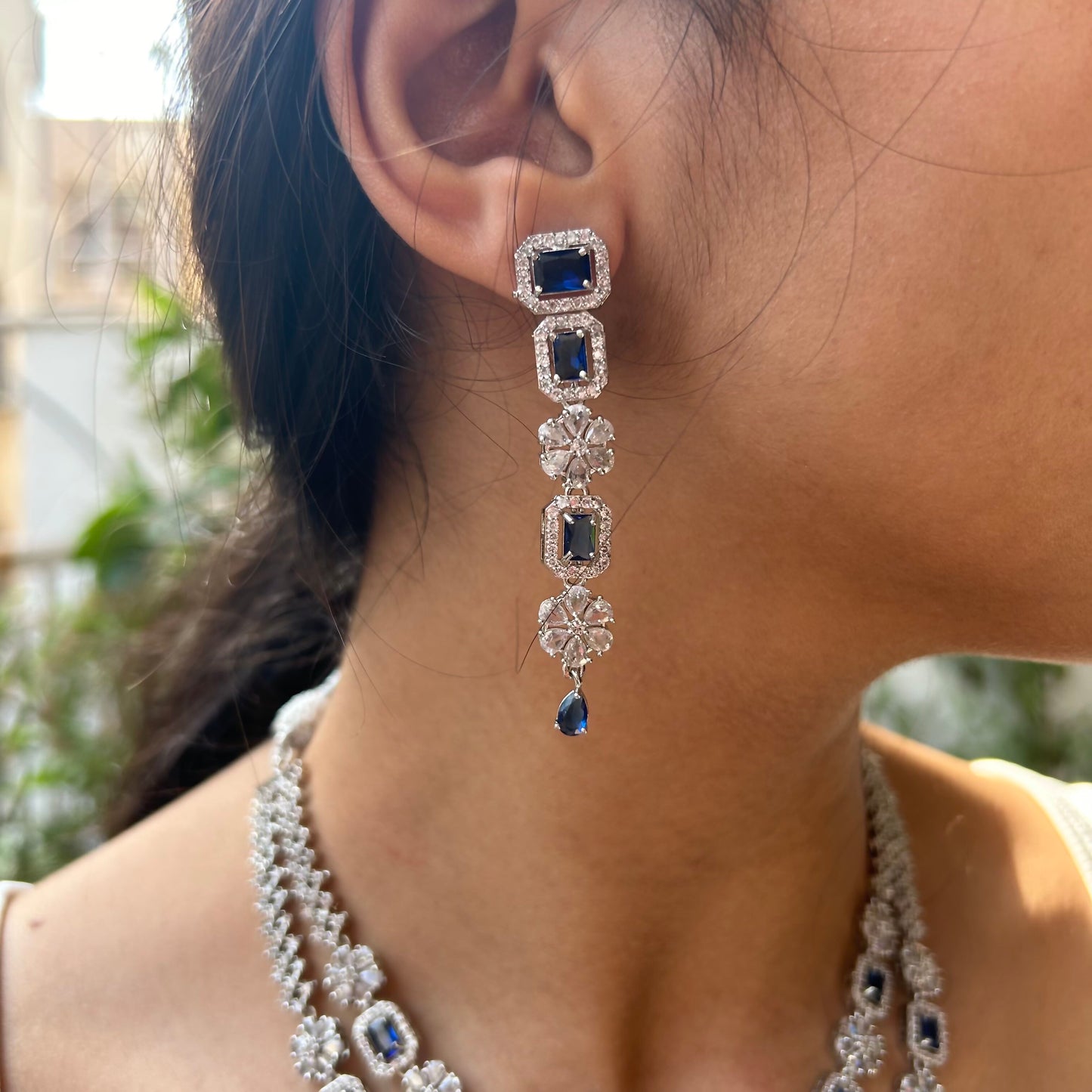 Sahira Sapphire Blue Double Layer American Diamond Necklace Set