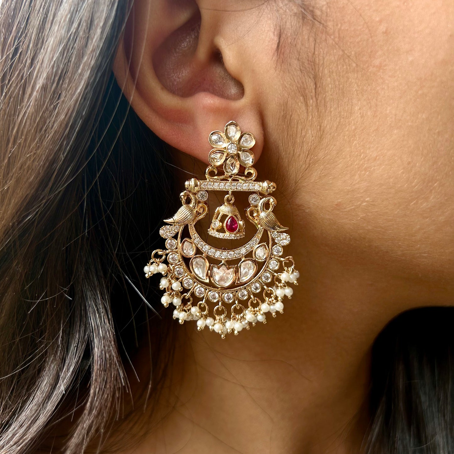 Mrinalini Chandbali Polki Earrings handmade Indian bridal jewelry gold red green