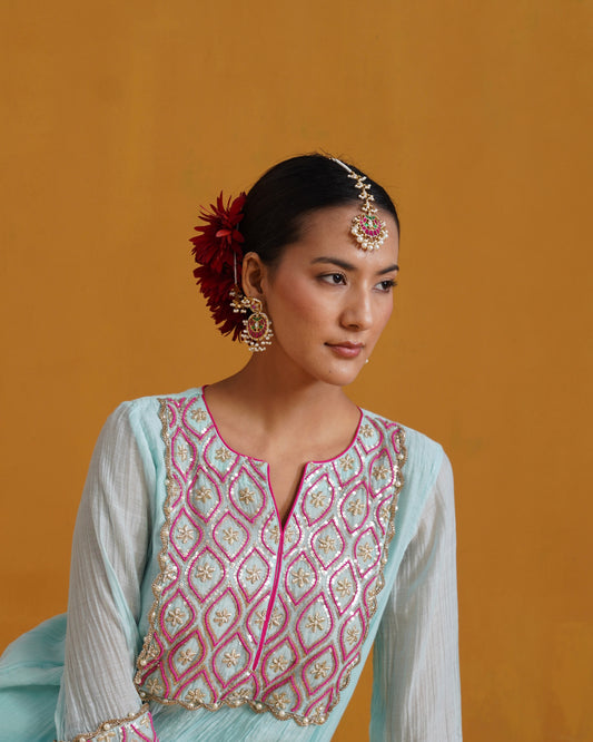 Amaara pink and green pachi kundan maang tikka set