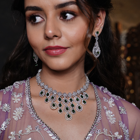 Ruhani Emerald Green American Diamond Necklace Set with Maang Tikka