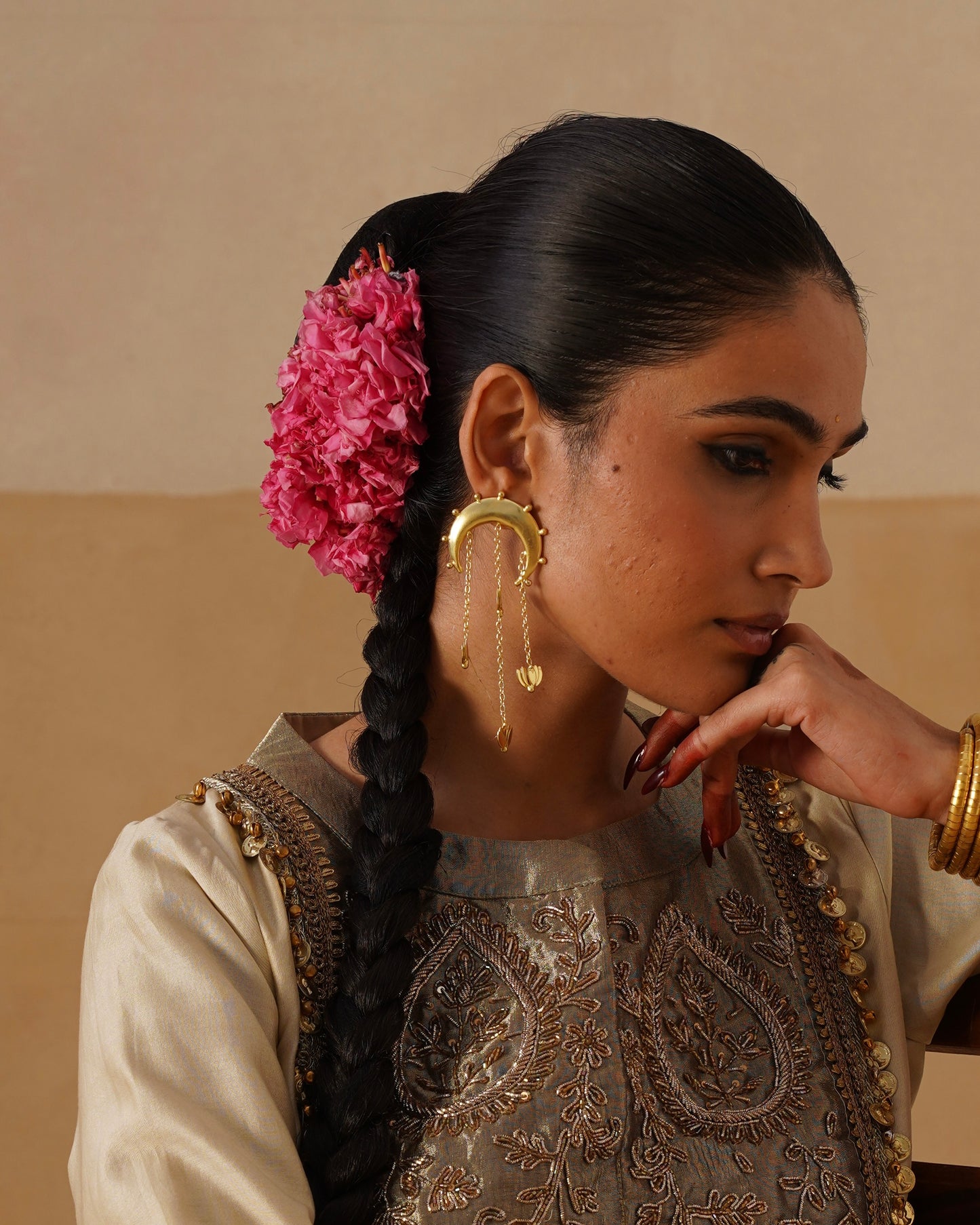 Chaand kamal dangling gold earrings