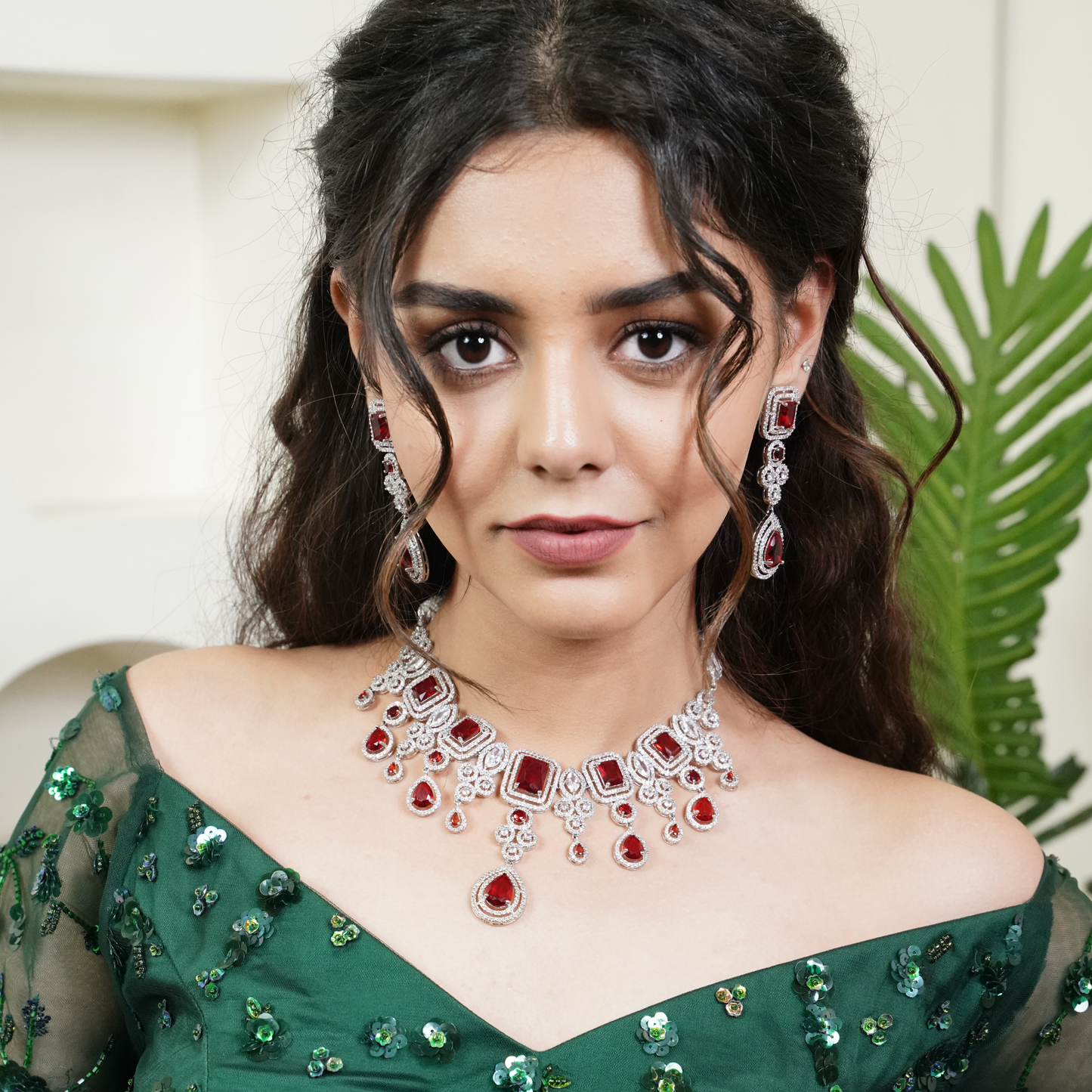 Tahira Ruby Red American Diamond Necklace Set with Maang Tikka