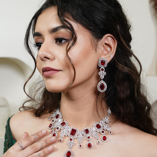 Tahira Ruby Red American Diamond Necklace Set with Maang Tikka