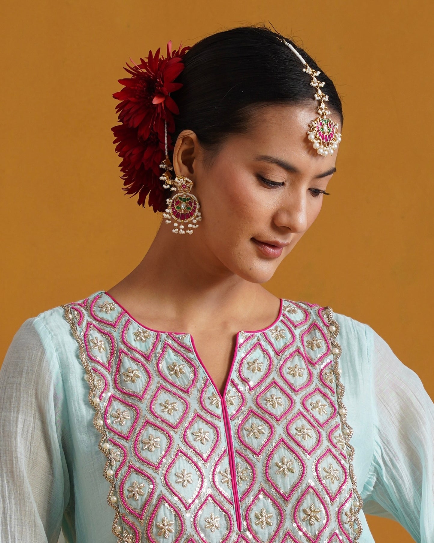 Amaara pink and green pachi kundan maang tikka set