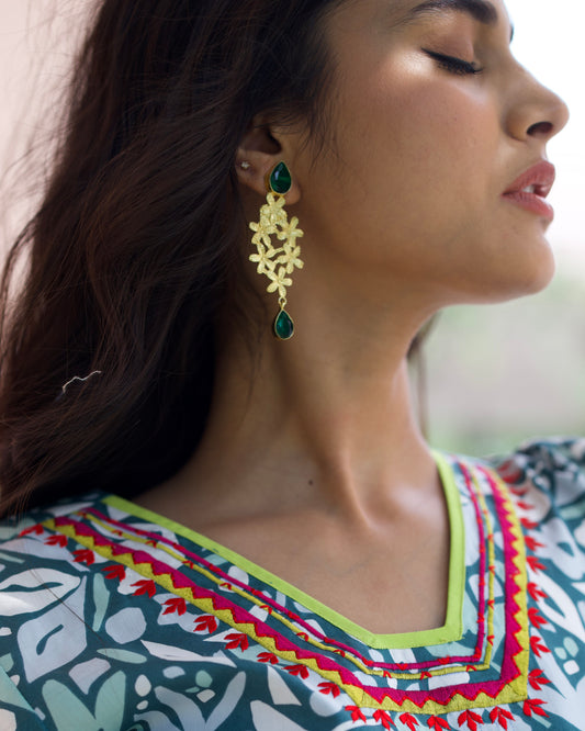 Mersa Gold Flower Earrings with Green Quartz Stone