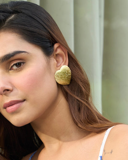 Heart brass hand hammered earrings
