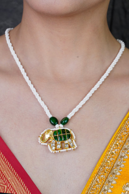 Rajsi Gajmukhta green kundan necklace with elephant pendant and ched pearls
