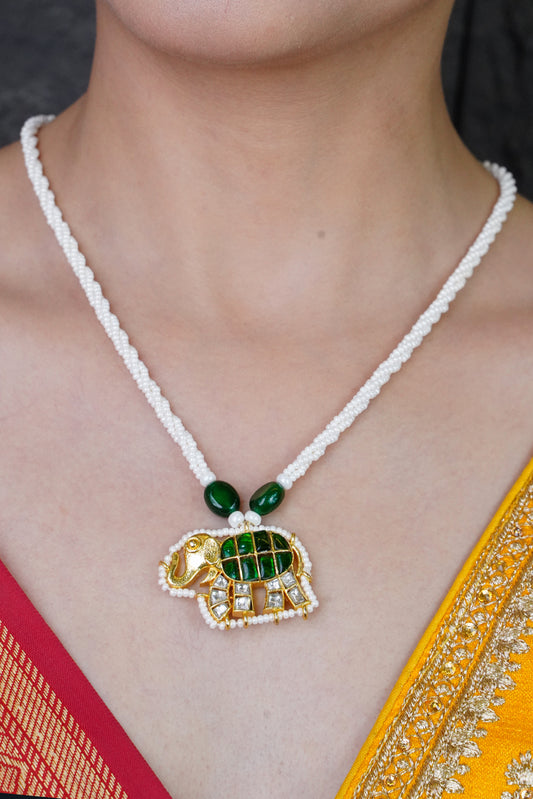 Rajsi Gajmukhta green kundan necklace with elephant pendant and ched pearls
