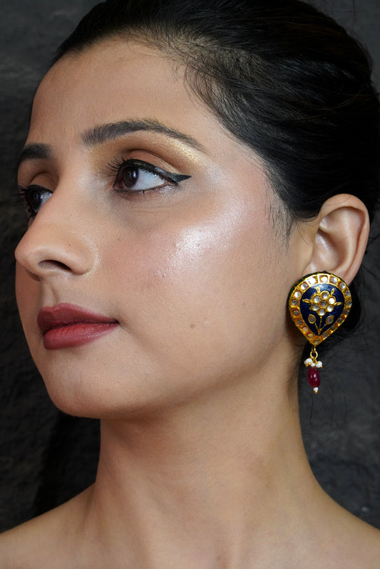 Deep blue meenakari drop earrings with kundan, pearls, and jade – Indian ethnic jewellery
