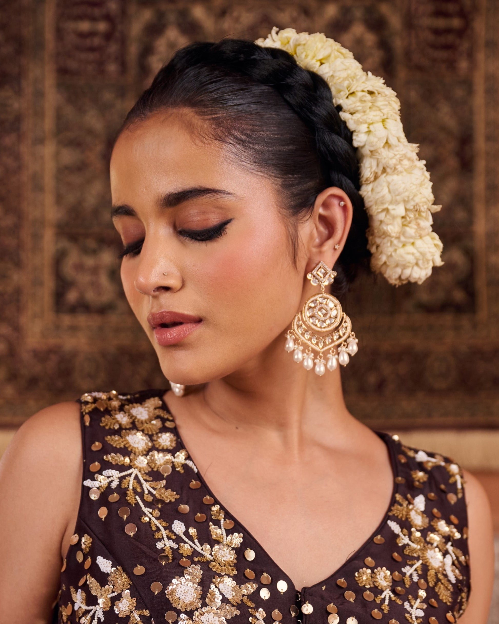 Rohini gold Polki earrings with moon-inspired handmade detailing