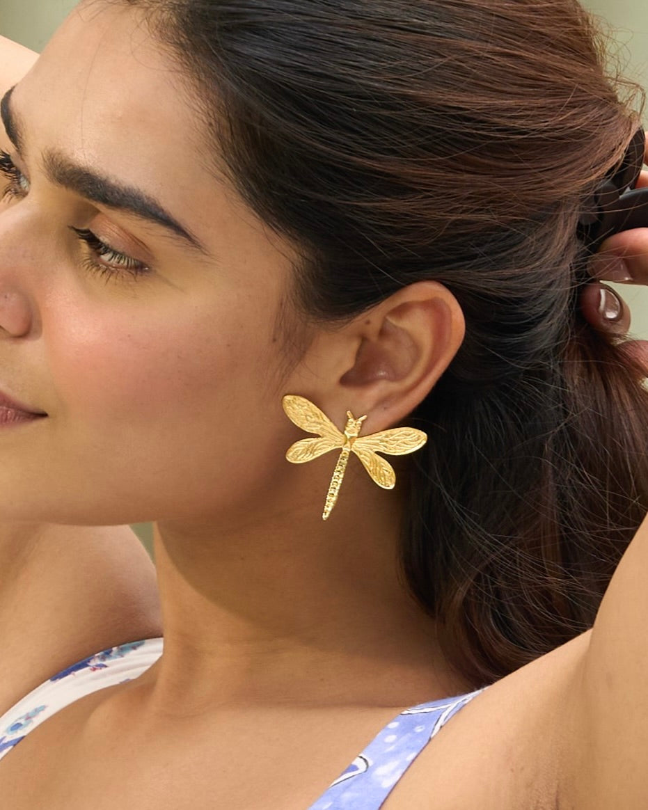 Dragonfly gold brass earrings