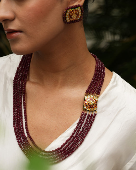 Kumudini ruby onyx pearl necklace with meenakari kundan brooch and earrings – handcrafted Indian jewellery set
