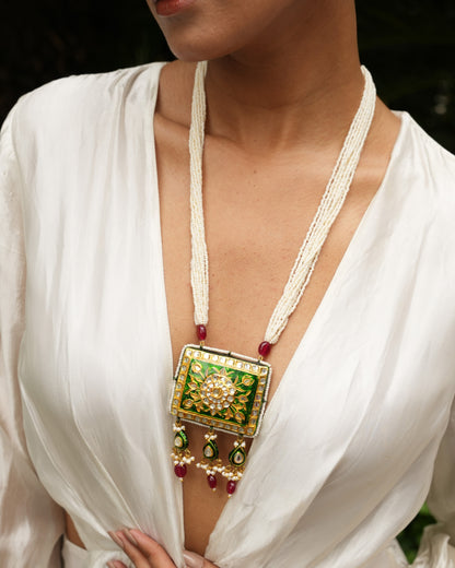 Avika emerald green and red reversable meenakari necklace set