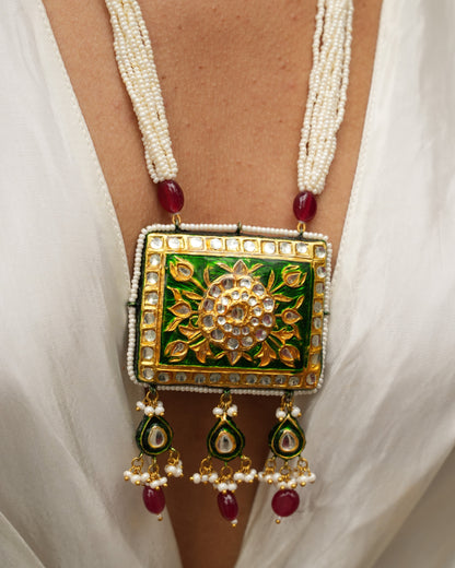Avika emerald green and red reversable meenakari necklace set