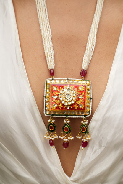 Avika emerald green and red reversable meenakari necklace set