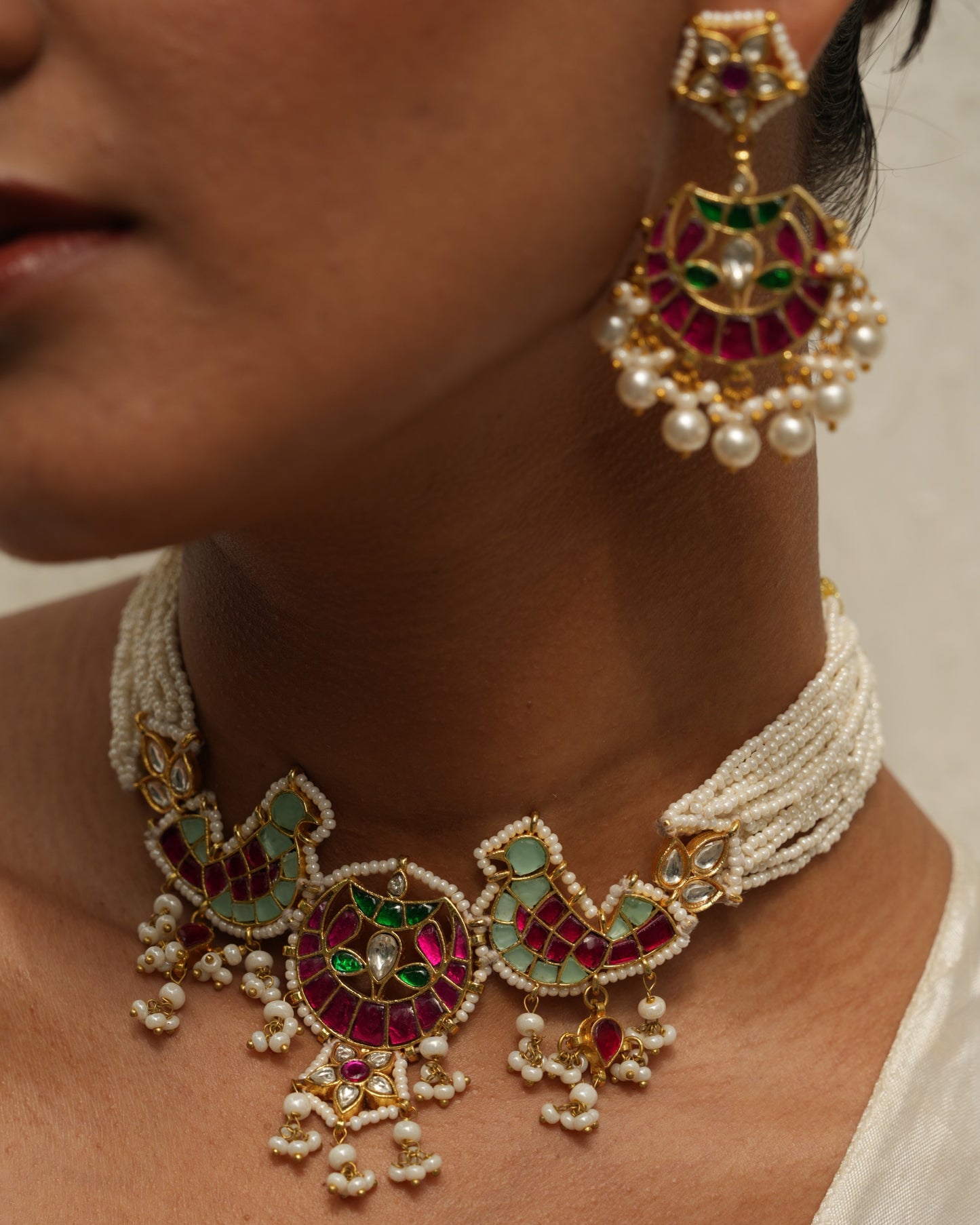 Ahilya Pink Green Bird Kundan Choker Set