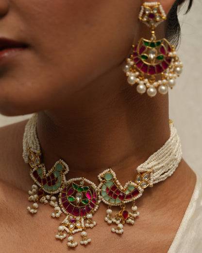 Ahilya Pink Green Bird Kundan Choker Set
