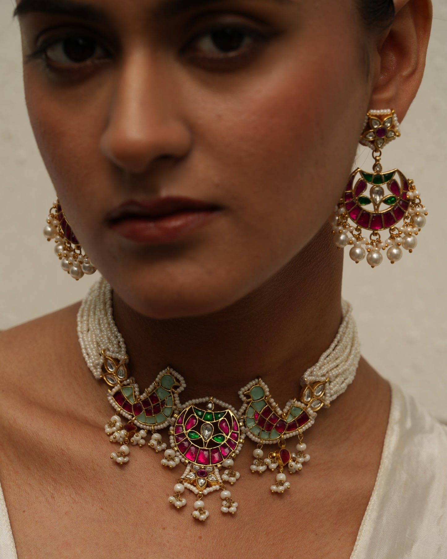 Ahilya Pink Green Bird Kundan Choker Set