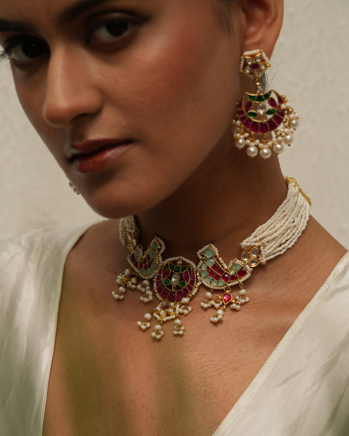 Ahilya Pink Green Bird Kundan Choker Set