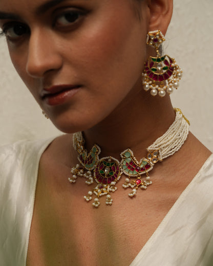 Ahilya Pink Green Bird Kundan Choker Set