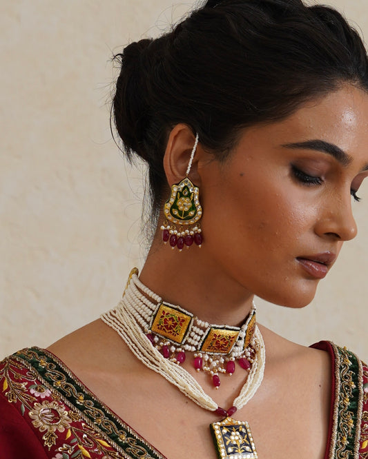 Dhaal emerald meenakari jadau earrings