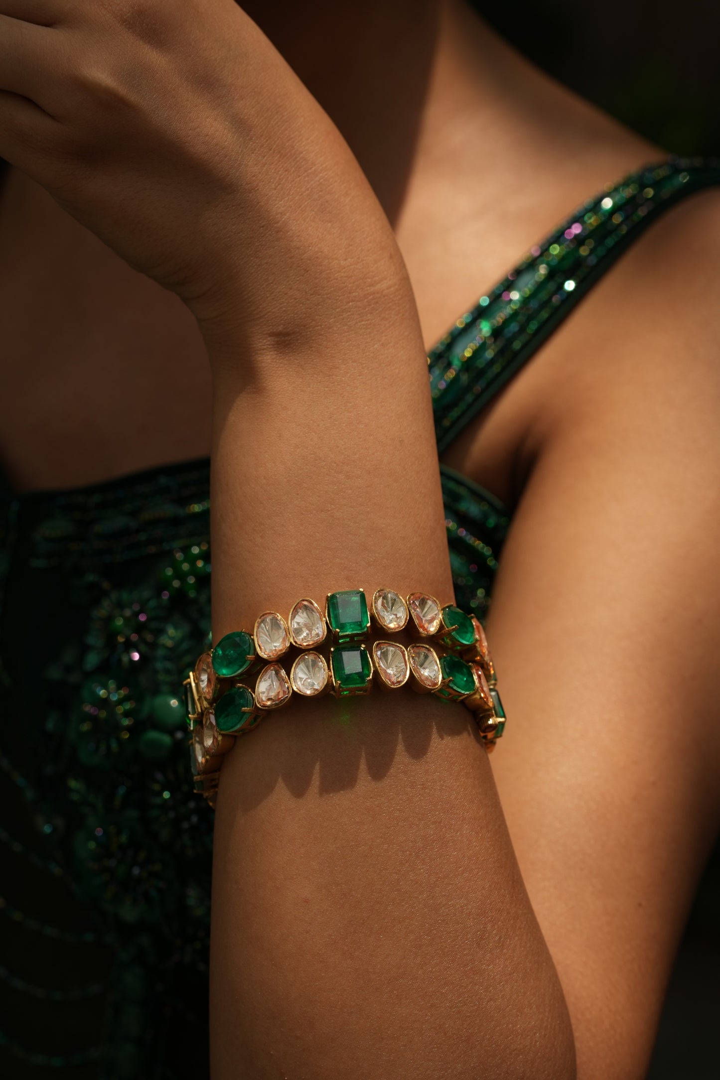Jodha green Polki bangles with emerald gemstones – Indian bridal jewellery

