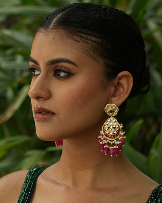 Seera ruby red gold plated pachi kundan earrings
