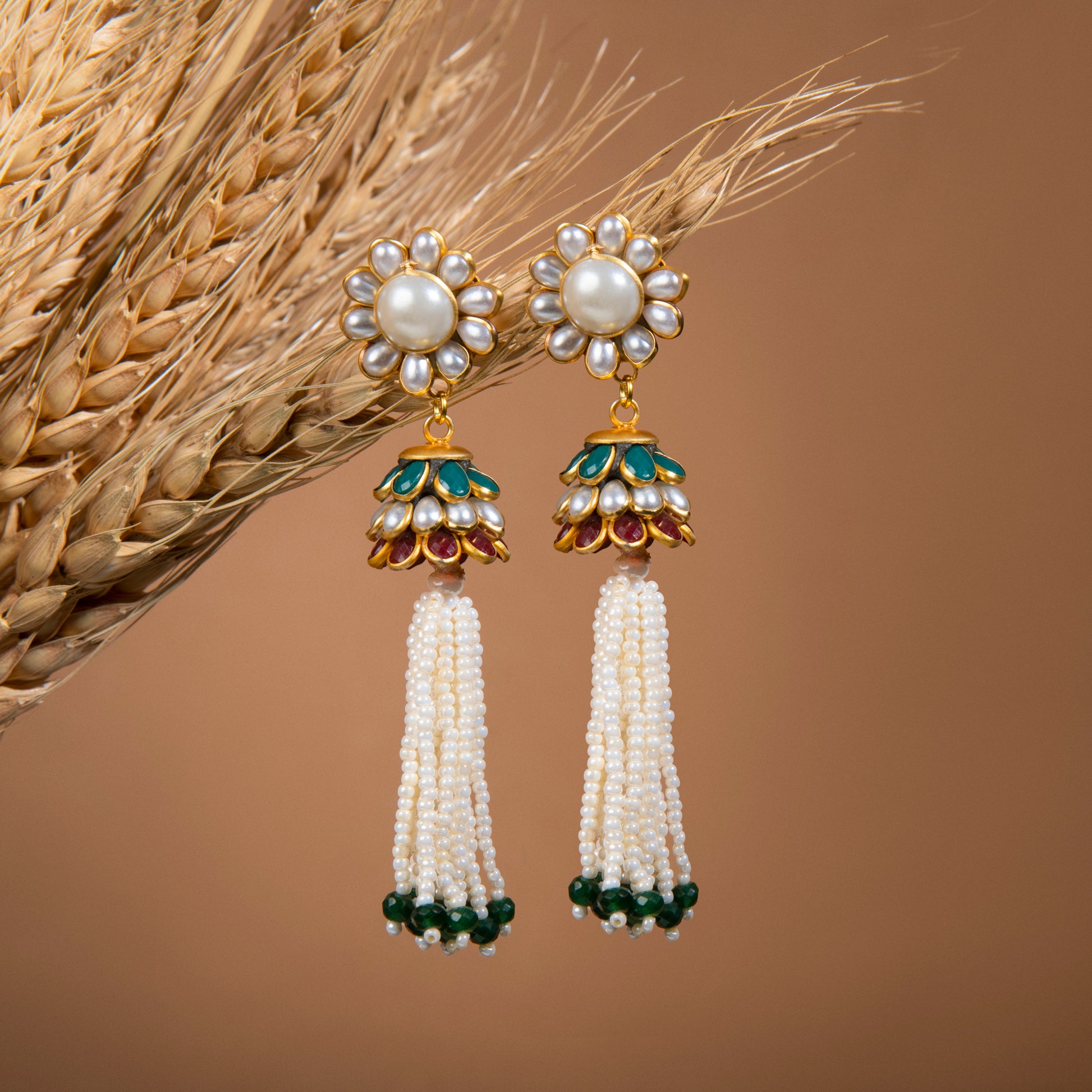 Malasa emerald green onyx pearl floral earrings handcrafted with jadau and gold finish

