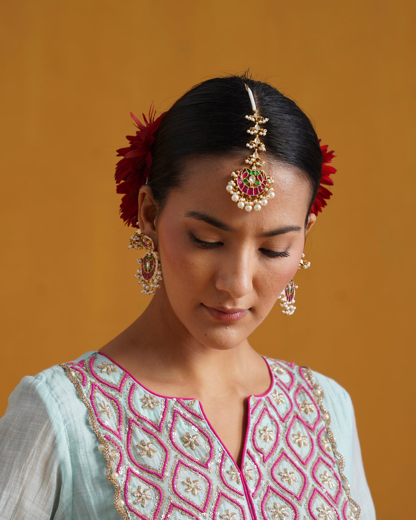 Amaara pink and green pachi kundan maang tikka set