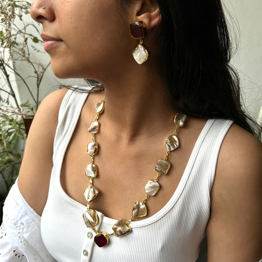 Zuri mother of pearl necklace set with ruby stone