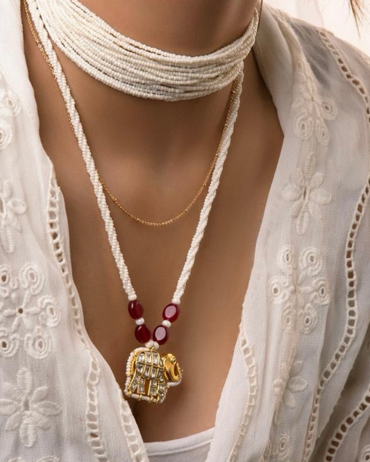 Rajsi Gajmukhta White Pearl Kundan Necklace