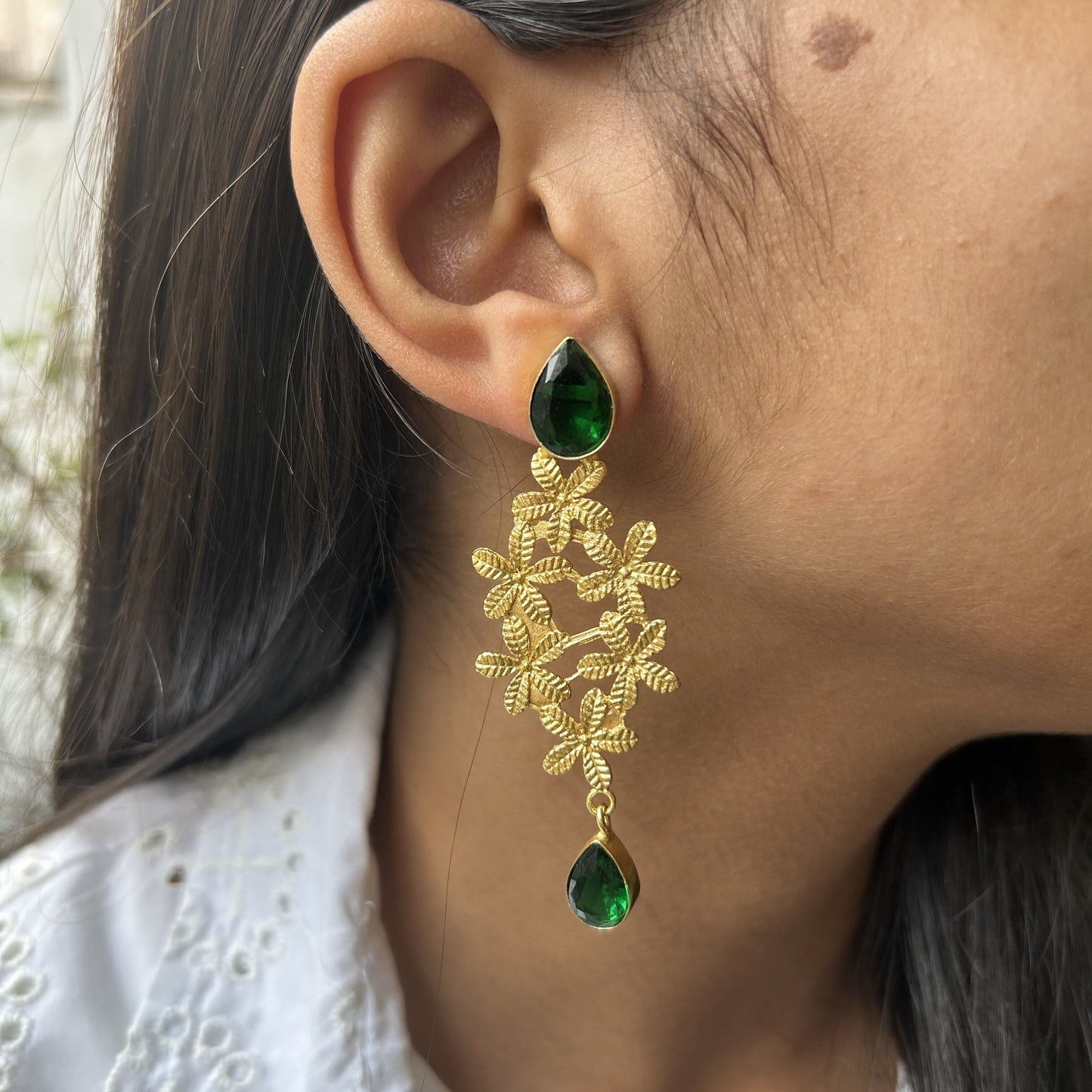 Mersa Gold Flower Earrings with Green Quartz Stone