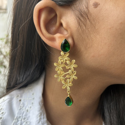 Mersa Gold Flower Earrings with Green Quartz Stone