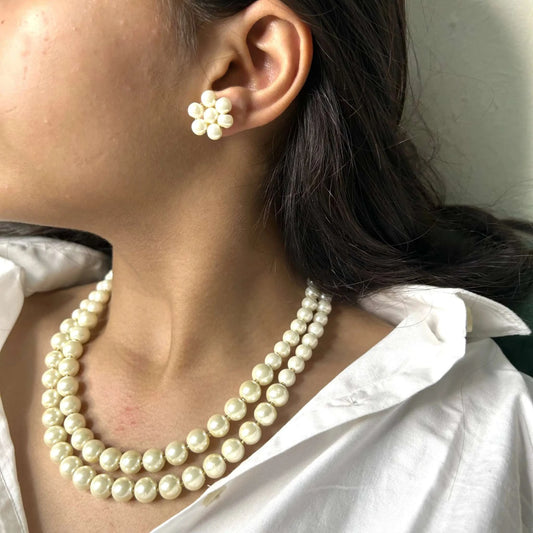 Double Layered Pearl Safeed Moti Mala with Phool Moti Earrings