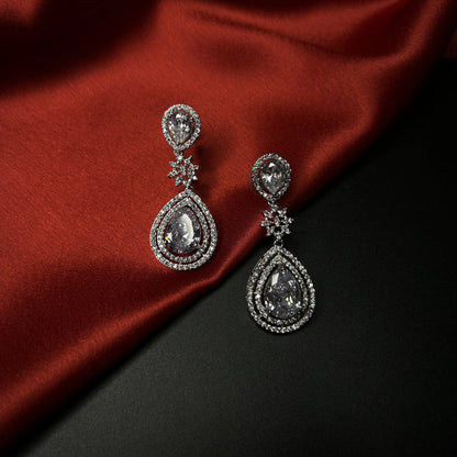 Saanjh Silver Drop American Diamond Earrings with Starling Stone
