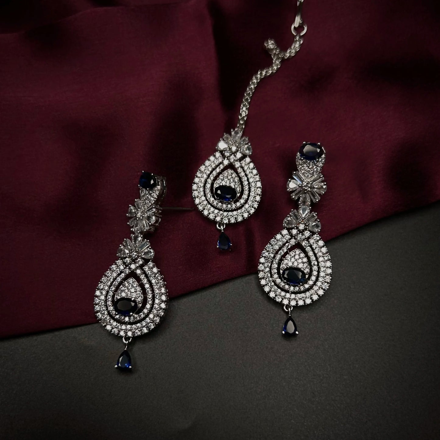 Ruhani Sapphire Blue American Diamond Necklace Set with Maang Tikka