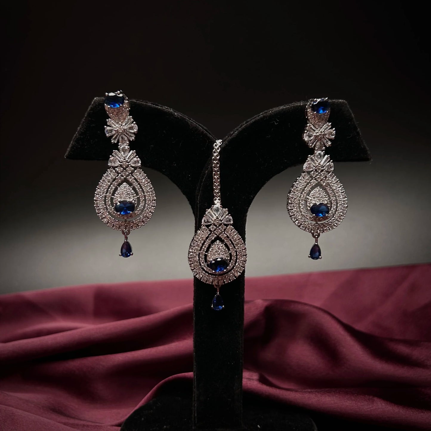 Ruhani Sapphire Blue American Diamond Necklace Set with Maang Tikka