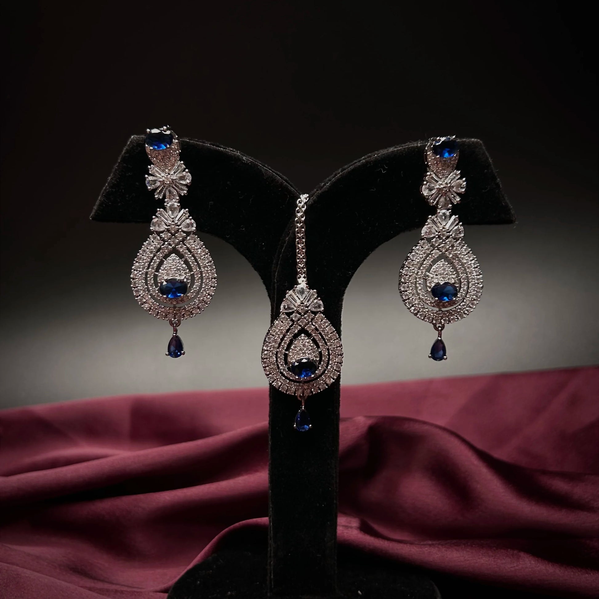 Ruhani Sapphire Blue American Diamond Necklace Set with Maang Tikka