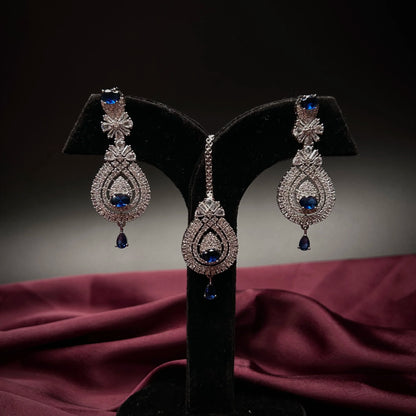 Ruhani Sapphire Blue American Diamond Necklace Set with Maang Tikka